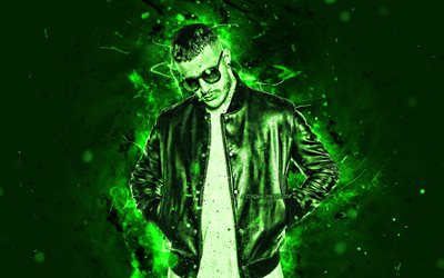 DJ Snake, 4k, Fransız DJ, yeşil neon ışıkları, William Sami Etienne Grigahcine, DJ Snake 4K, fan sanat, sanat, superstars, yaratıcı, DJ&#39;ler
