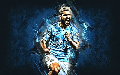 Sergio Aguero, Argentinian footballer, Manchester City FC, portrait, blue stone background, creative art