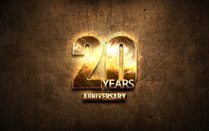 20 Years Anniversary, golden signs, anniversary concepts, brown metal background, 20th anniversary, creative, Golden 20th anniversary sign