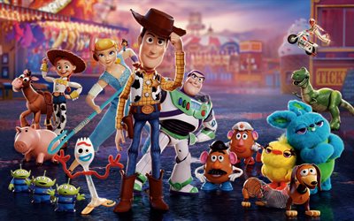 Toy Story 4, 2019, todos los personajes, arte creativo, carteles, material promocional
