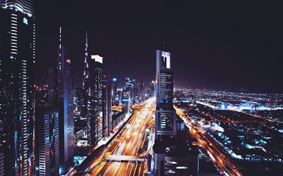 Dubai, edificios modernos, EMIRATOS &#225;rabes unidos, paisajes nocturnos, paisajes urbanos, los rascacielos, los Emiratos &#193;rabes Unidos