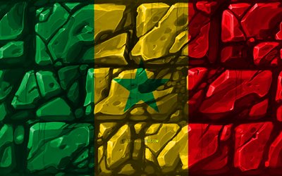 O senegal&#234;s bandeira, brickwall, 4k, Pa&#237;ses da &#225;frica, s&#237;mbolos nacionais, Bandeira do Senegal, criativo, Senegal, &#193;frica, Senegal 3D bandeira