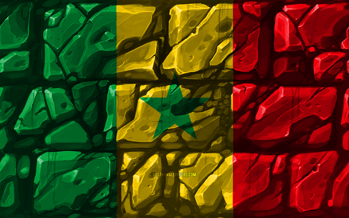 Senegalese flag, brickwall, 4k, African countries, national symbols, Flag of Senegal, creative, Senegal, Africa, Senegal 3D flag