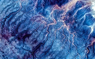 青色の溶岩肌, 4k, 抽象波, 青色の溶融溶岩, 青色の背景, 溶岩, 青色の波背景