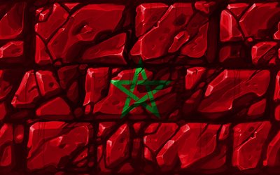 Marockansk flagga, brickwall, 4k, Afrikanska l&#228;nder, nationella symboler, Flaggan i Marocko, kreativa, Marocko, Afrika, Marocko 3D-flagga