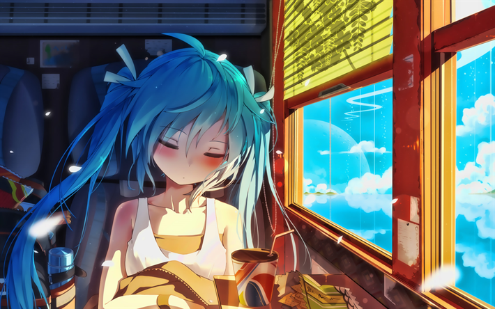 Hatsune Miku en tren, Vocaloid Personajes, obras de arte, Hatsune Miku, concierto, manga, Vocaloid, chica con el pelo azul, Miku Hatsune