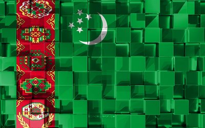 Flag of Turkmenistan, 3d flag, 3d cubes texture, Flags of Asian countries, 3d art, Turkmenistan, Asia, 3d texture, Turkmenistan flag