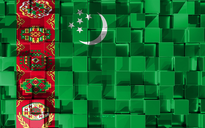 Flaggan i Turkmenistan, 3d-flagga, 3d kuber konsistens, Flaggor fr&#229;n l&#228;nder i Asien, 3d-konst, Turkmenistan, Asien, 3d-textur, Turkmenistan flagga