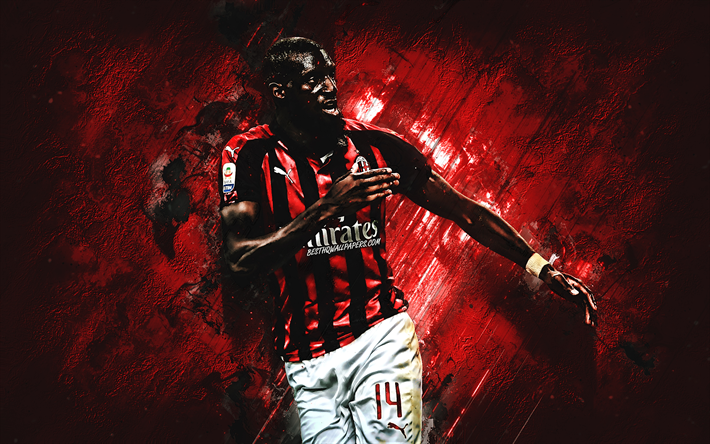 Tiemoue Bakayoko, AC Milan, French footballer, midfielder, portrait, red background, Serie A, Italy, football