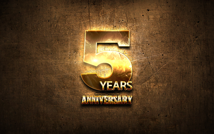 5 Years Anniversary, golden signs, anniversary concepts, brown metal background, 5th anniversary, creative, Golden 5th anniversary sign