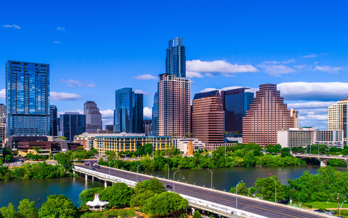 4k, Austin, kes&#228;ll&#228;, kaupunkimaisemat, amerikan kaupungit, Texas, moderneja rakennuksia, Amerikassa, USA, Kaupungit Texas, City of Austin