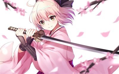 Fate Grand Order, Pink kimono, katana, japanese anime girl