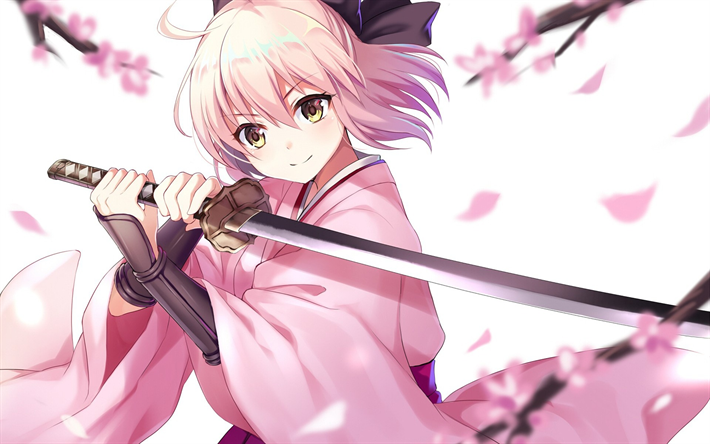 Fateグランド順, ピンク色の着物を着, 刀, 日本のアニメ少女