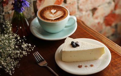 La tarta de queso, postre, caf&#233; con leche, crema de la torta, arte latte