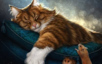 dormir gato, rato, travesseiro, gatos, arte