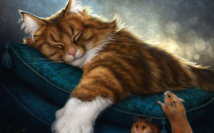 sleeping cat, mouse, pillow, cats, art