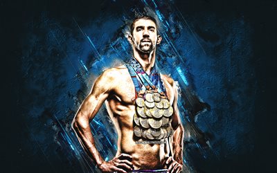 Michael Phelps, American swimmer, olympic champion, portrait, blue stone background, USA