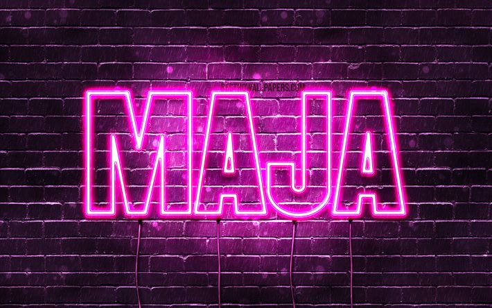 Maja, 4k, des fonds d&#39;&#233;cran avec des noms, des noms f&#233;minins, Maja nom, violet n&#233;on, Joyeux Anniversaire Maja, populaire en allemagne, les noms de femmes, une photo avec le nom Maja