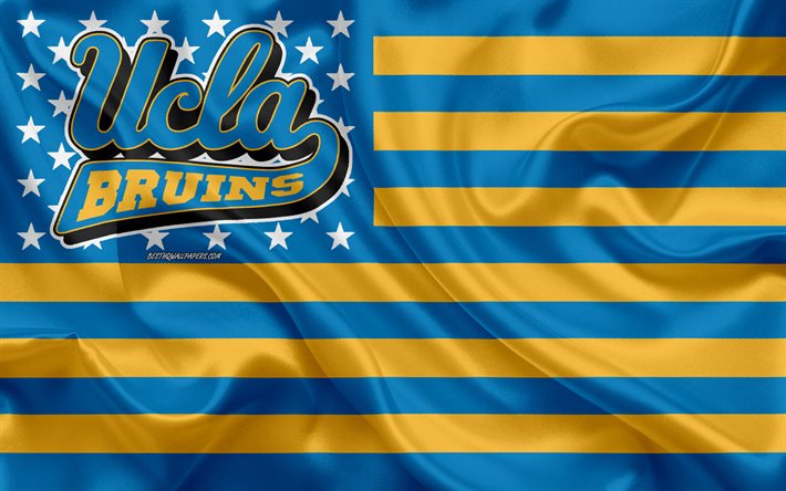 UCLA Bruins, Amerikkalainen jalkapallo joukkue, luova Amerikan lippu, sininen keltainen lippu, NCAA, Pasadena, California, USA, UCLA Bruins-logo, tunnus, silkki lippu, Amerikkalainen jalkapallo