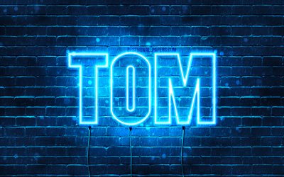 Tom, 4k, 壁紙名, テキストの水平, Tom名, お誕生日おめでTom, ドイツの人気男性の名前, 青色のネオン, 写真とトム名
