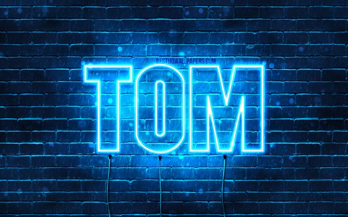 Tom, 4k, les papiers peints avec les noms, le texte horizontal, Tom nom, Joyeux Anniversaire Tom, populaire allemand des noms masculins, bleu n&#233;on, une photo avec le nom de Tom