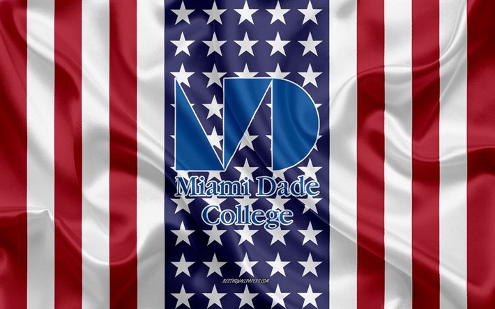 Miami Dade College Emblem, American Flag, Miami Dade College logo, Downtown, Miami, Florida, USA, Emblem of Miami Dade College, Wolfson Campus