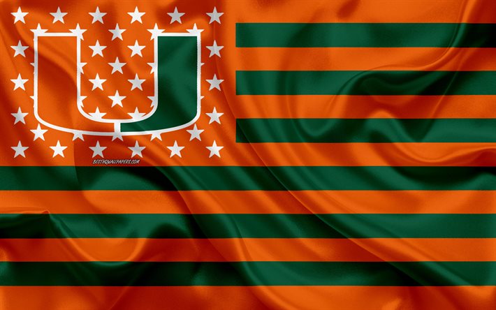 Miami Hurricanes, Amerikkalainen jalkapallo joukkue, luova Amerikan lippu, oranssi-vihre&#228; lippu, NCAA, Miami Gardens, Florida, USA, Miami Hurricanes-logo, tunnus, silkki lippu, Amerikkalainen jalkapallo