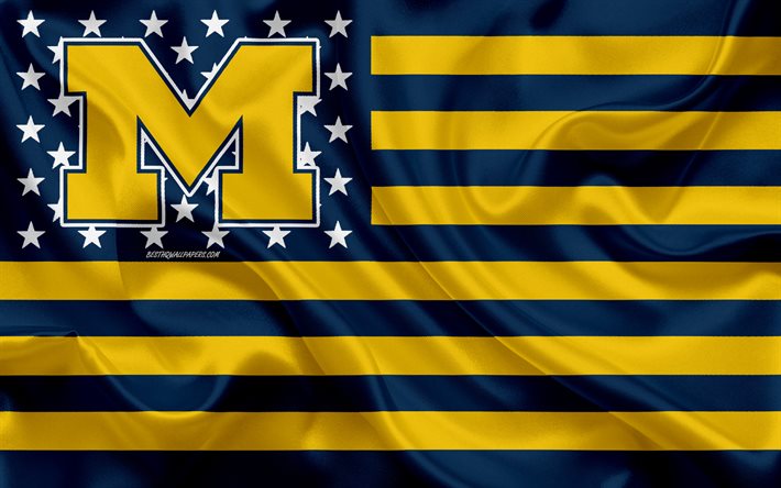 Michigan Wolverines, &#233;quipe de football Am&#233;ricain, cr&#233;atif, drapeau Am&#233;ricain, jaune drapeau bleu, NCAA, Ann Arbor, dans le Michigan, la Floride, etats-unis, dans le Michigan Wolverines logo, l&#39;embl&#232;me, le drapeau de soie, de 