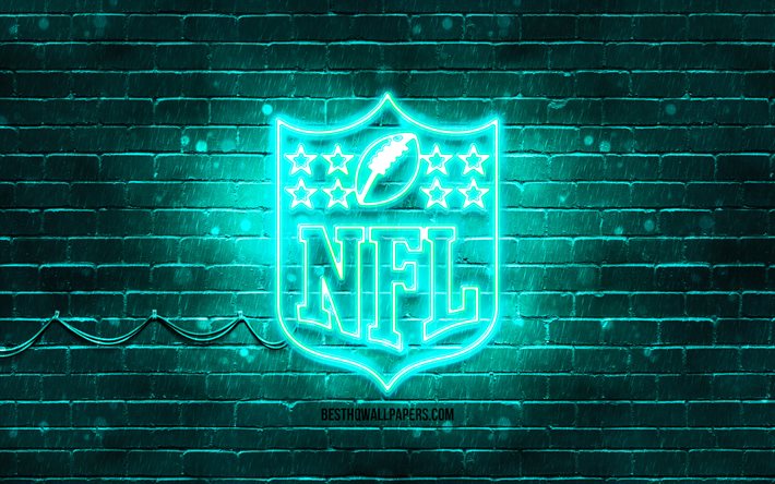 NFL turquoise logo, 4k, turquoise brickwall, National Football League, NFL logo, american football league, NFL neon logo, NFL