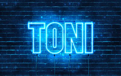 Toni, 4k, sfondi per il desktop con i nomi, il testo orizzontale, Toni nome, Felice Compleanno Toni, popolare tedesco maschio nomi, neon blu, l&#39;immagine con il nome Toni