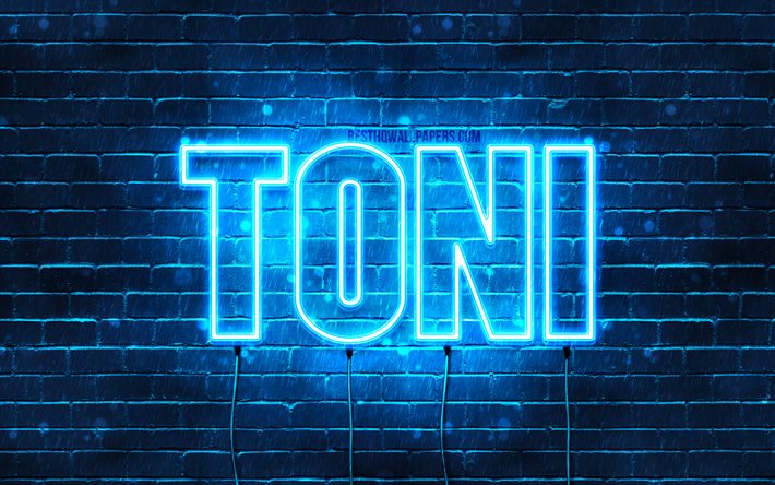 Toni, 4k, taustakuvia nimet, vaakasuuntainen teksti, Toni nimi, Hyv&#228;&#228; Syntym&#228;p&#228;iv&#228;&#228; Toni, suosittu saksalainen uros nimet, blue neon valot, kuva Toni nimi