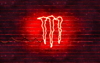 Monster Energy logo rosso, 4k, rosso, brickwall, Monster Energy logo, bevande marche, Monster Energy neon logo Monster Energy