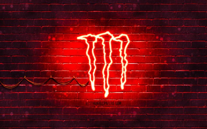 Monster Energy logo punainen, 4k, punainen brickwall, Monster Energy logo, juomien tuotemerkkej&#228;, Monster Energy neon-logo, Monster Energy