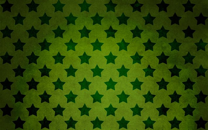 緑の星の背景, 4k, 星パターン, 背景と星, グリーンバック, 星織