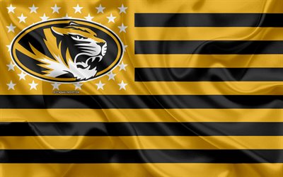 Missouri Tigers, American football team, creative American flag, yellow black flag, NCAA, Columbia, Missouri, USA, Missouri Tigers logo, emblem, silk flag, American football