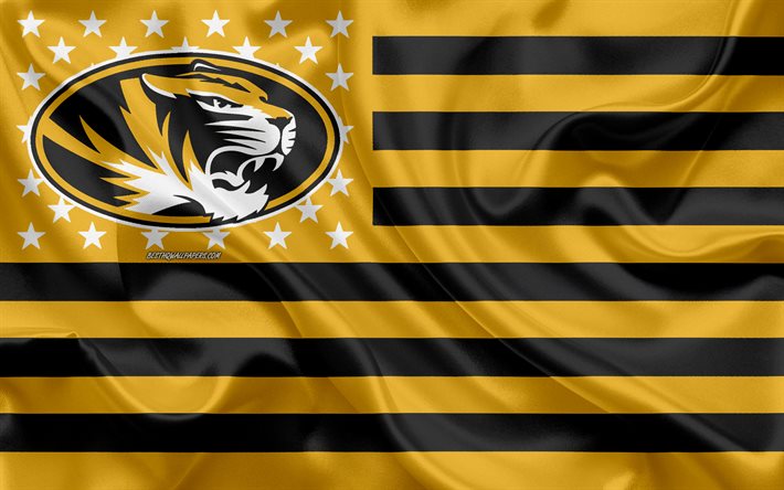 Missouri Tigers, squadra di football Americano, creativo, bandiera Americana, giallo black flag, NCAA, Columbia, Missouri, USA, logo, stemma, bandiera di seta, il football Americano