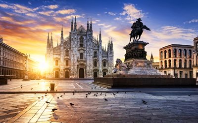 ミラノ大聖堂があり, 夕日, イタリアのランドマーク, 教会, ミラノ, ロンバルディア, イタリア, イタリアの都市, 欧州