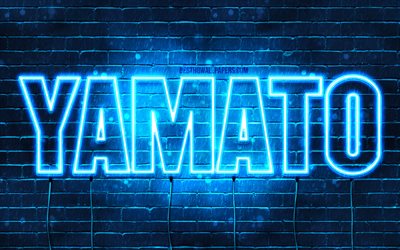 Yamato, 4k, pap&#233;is de parede com os nomes de, texto horizontal, Yamato nome, Feliz Anivers&#225;rio Yamato, popular japon&#234;s nomes masculinos, luzes de neon azuis, imagem com o nome de Yamato