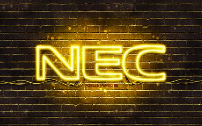 NEC yellow logo, 4k, yellow brickwall, NEC logo, brands, NEC neon logo, NEC