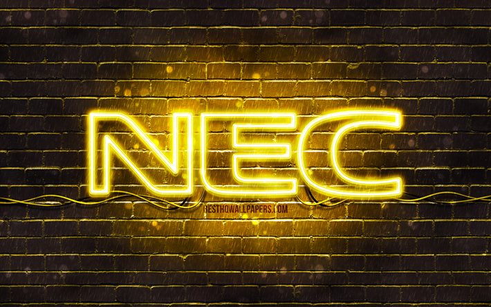 NEC logo amarillo, 4k, amarillo brickwall, NEC logotipo, marcas, NEC ne&#243;n logotipo de NEC