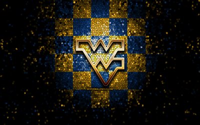 West Virginia Mountaineers, glitter logo, NCAA, blue yellow checkered background, USA, american football team, West Virginia Mountaineers logo, mosaic art, american football, America