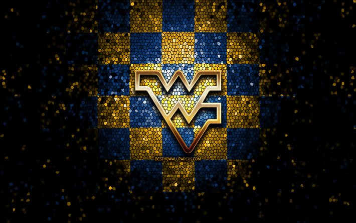 West Virginia Bergskl&#228;ttrare, glitter logotyp, NCAA, bl&#229; gul rutig bakgrund, USA, amerikansk fotboll, West Virginia Bergskl&#228;ttrare logotyp, mosaik konst, Amerika