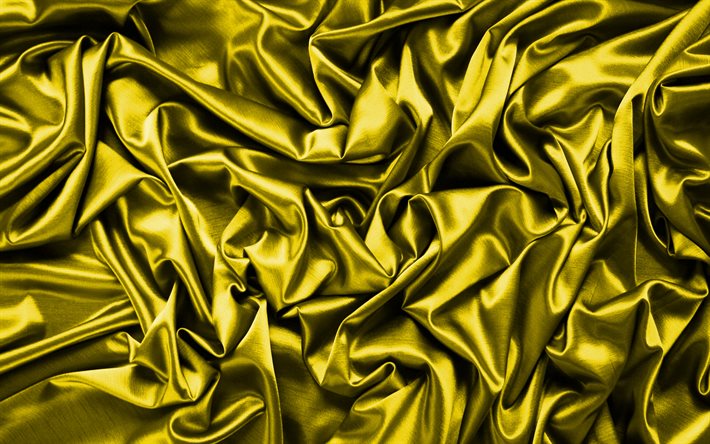 黄色いサテンの背景, 4k, 絹織, サテン波背景, 黄色の背景, 朱子織, サテンの背景, 黄色い糸の質感