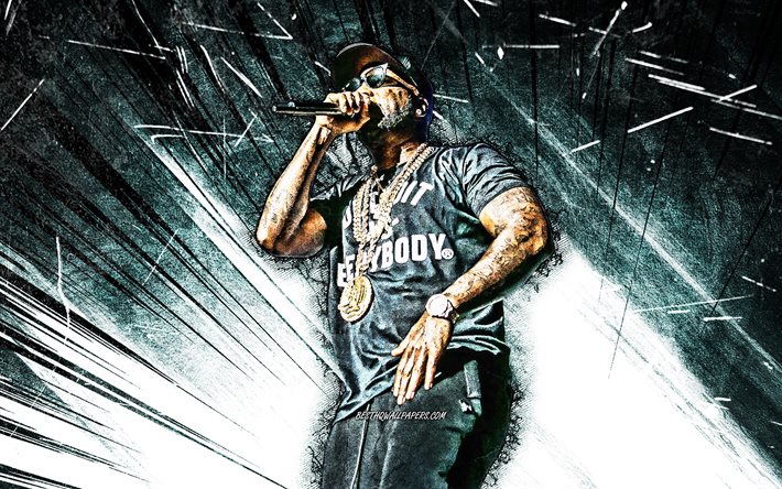 4k, Young Jeezy, grunge art, american rapper, music stars, creative, Jay Wayne Jenkins, white abstract rays, american celebrity, Young Jeezy 4K
