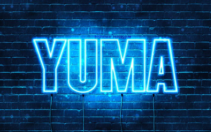 Yuma, 4k, pap&#233;is de parede com os nomes de, texto horizontal, Yuma nome, Feliz Anivers&#225;rio Yuma, popular japon&#234;s nomes masculinos, luzes de neon azuis, imagem com Yuma nome