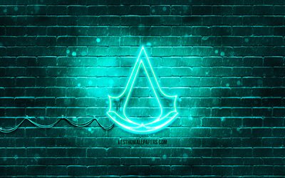 Assassins Creed turquoise logo, 4k, turquoise brickwall, Assassins Creed logo, 2020 games, Assassins Creed neon logo, Assassins Creed