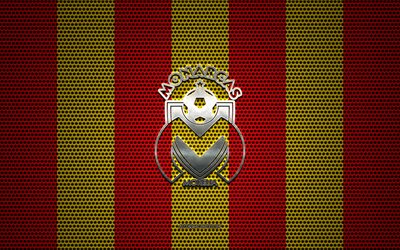 Atletico Morelia logo, Mexican football club, metal emblem, red yellow metal mesh background, Club Atletico Morelia, Liga MX, Morelia, Mexico, football