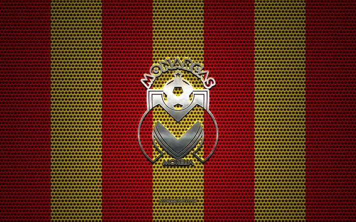 Atletico Morelia logo, Meksika Futbol Kul&#252;b&#252;, metal amblem, kırmızı, sarı metal &#246;rg&#252; arka plan, Club Atletico Morelia, Lig MX, Morelia, Meksika, futbol