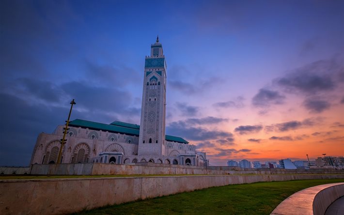Mesquita de Hassan II, noite, p&#244;r do sol, lindo c&#233;u, mesquita, paisagem urbana, Casablanca, Marrocos