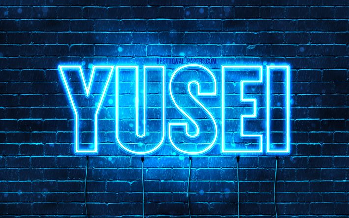 Yusei, 4k, fondos de pantalla con los nombres, el texto horizontal, Yusei nombre, Feliz Cumplea&#241;os Yusei, popular japonesa macho nombres, luces azules de ne&#243;n, imagen con Yusei nombre